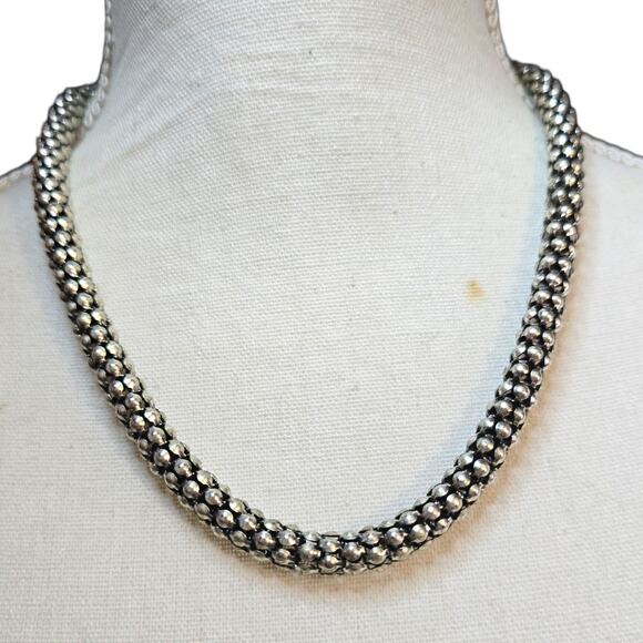 CG Necklace Beaded Tube Popcorn Caviar Woven Chain Silver Tone Single Strand 16" - Picture 1 of 9
